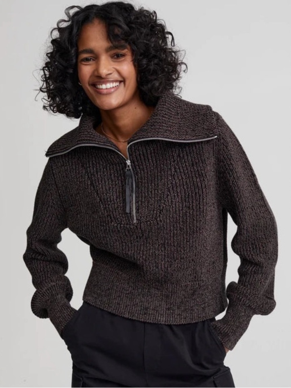 Varley Women’s Mentone 1/2 Zip Speckled Knit Pullover Cotton Sweater Brown XS